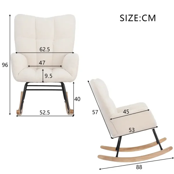 Fauteuil à bascule Anajqaqia scandinave en laine d'agneau blanc cassé, base bois.