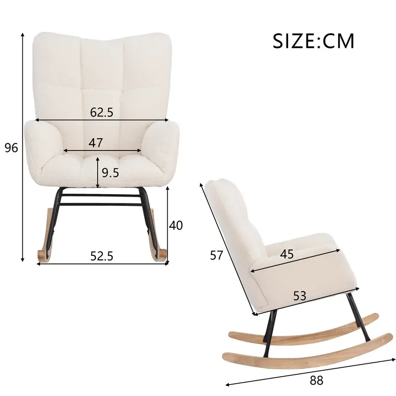 Fauteuil à bascule Anajqaqia scandinave en laine d'agneau blanc cassé, base bois.
