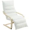 Fauteuil chaise longue lecture scandinave blanc Sherpa, cadre bois clair, repose-pieds réglable.