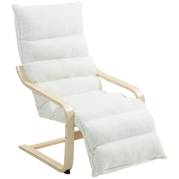 Fauteuil chaise longue lecture scandinave blanc Sherpa, cadre bois clair, repose-pieds réglable.