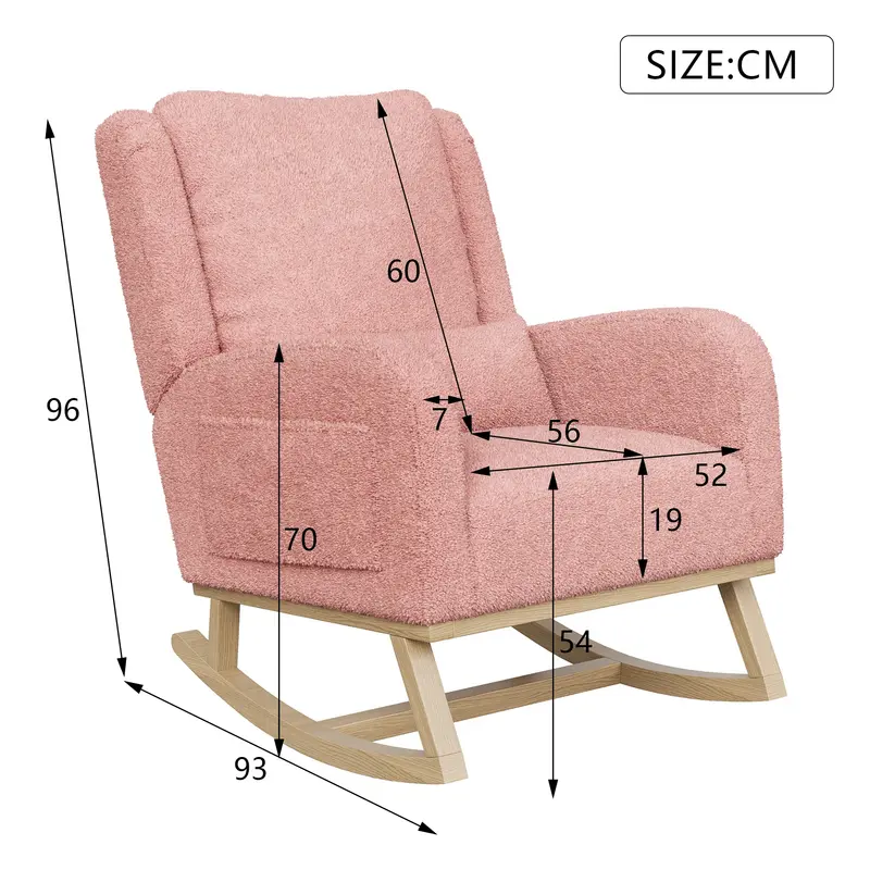 Fauteuil à bascule lecture Hygge rose poudré en velours Teddy, coussin lombaire et pieds bois massif.