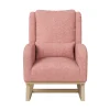 Fauteuil à bascule lecture Hygge rose poudré en velours Teddy, coussin lombaire et pieds bois massif.