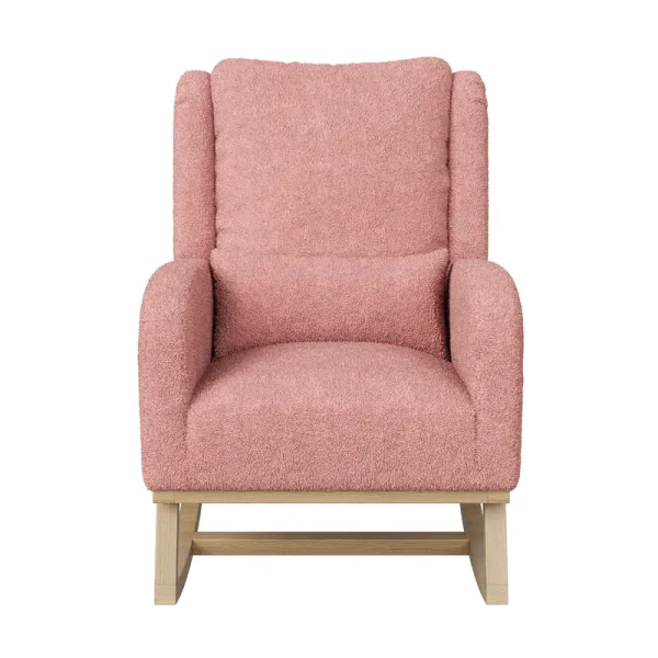 Fauteuil à bascule lecture Hygge rose poudré en velours Teddy, coussin lombaire et pieds bois massif.