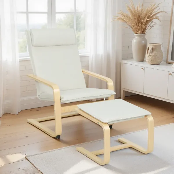 Fauteuil de lecture Homcom scandinave crème en bois de bouleau avec repose-pieds assorti