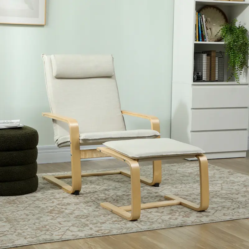 Fauteuil de lecture Homcom scandinave crème en bois de bouleau avec repose-pieds assorti