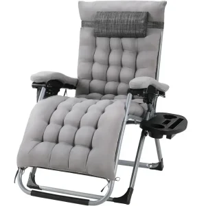 Fauteuil relaxation zéro gravité noir, pliable, coussin 8cm, tablette latérale.