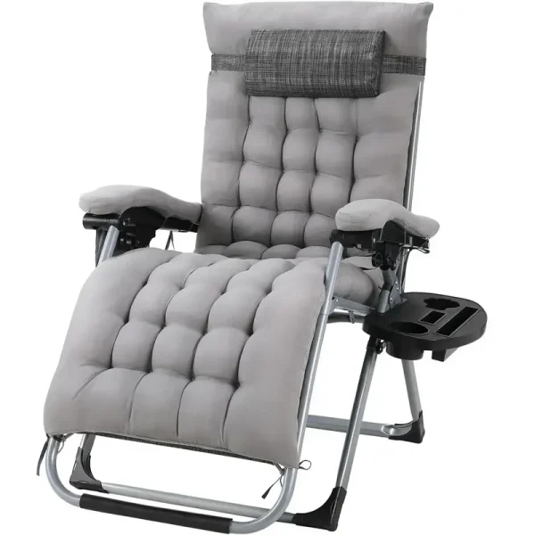 Fauteuil relaxation zéro gravité noir, pliable, coussin 8cm, tablette latérale.