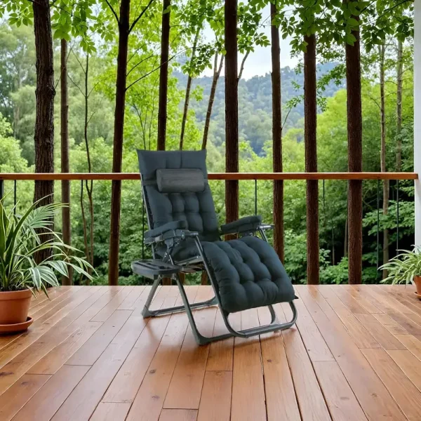 Chaise de lecture zéro gravité noire pliable, matelas confortable, pour extérieur.
