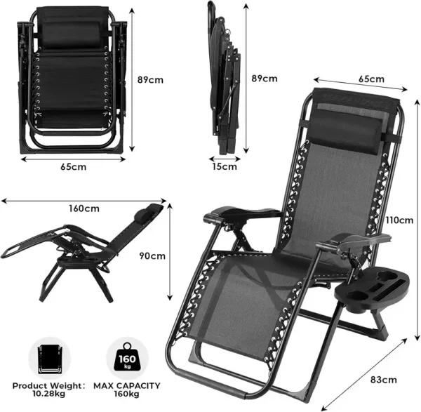 Chaise de lecture zéro gravité noire pliable, matelas confortable, pour extérieur.