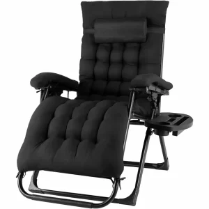 Chaise de lecture zéro gravité noire pliable, matelas confortable, pour extérieur.