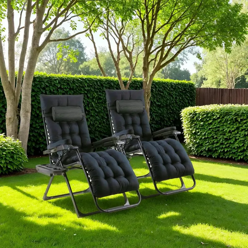 Chaise de lecture zéro gravité noire pliable, matelas confortable, pour extérieur.