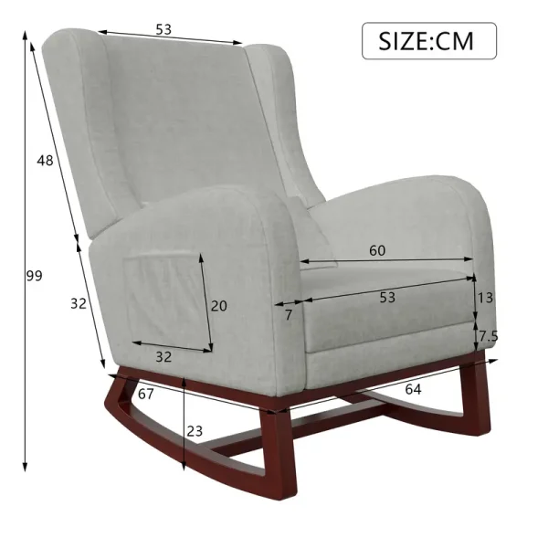 Fauteuil de lecture à bascule inclinable gris velours, style scandinave, avec repose-pieds et base bois.