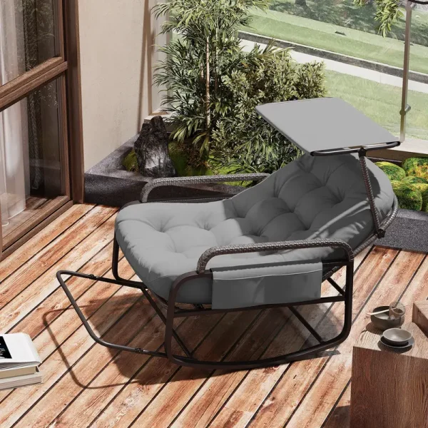 Fauteuil à bascule Comanlai gris, coussin crème, repose-pieds et pare-soleil, intérieur/extérieur