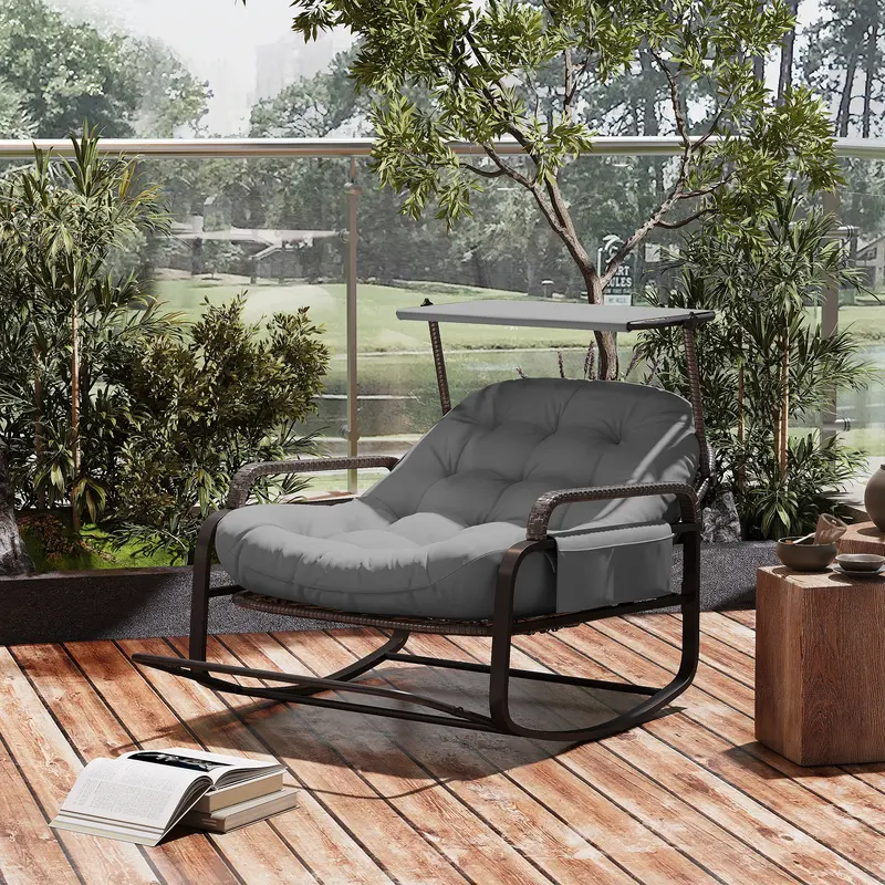 Fauteuil à bascule Comanlai gris, coussin crème, repose-pieds et pare-soleil, intérieur/extérieur