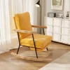 Fauteuil à bascule vintage scandinave jaune, repose-pieds rétractable, bois chêne et métal noir.